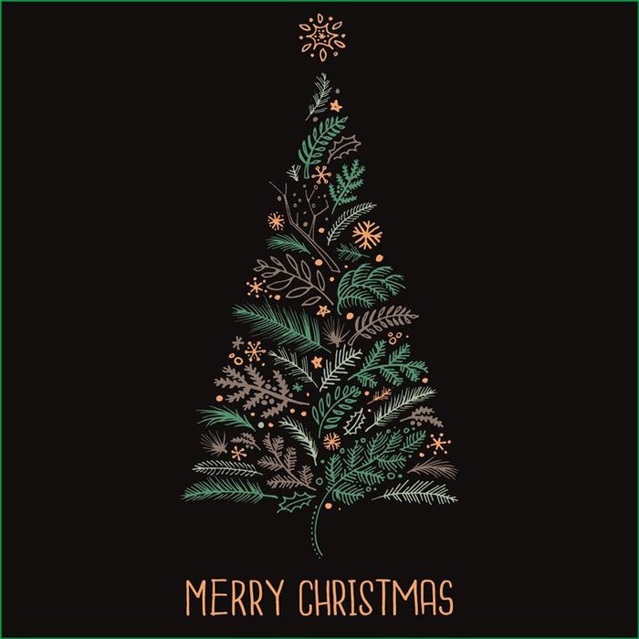 Christmas tree on a black background with Merry Christmas at the bottom