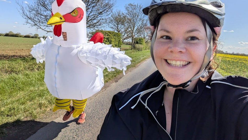 Sebastian Burley and wife training in his chicken costume for the London Marathon for Action for Children