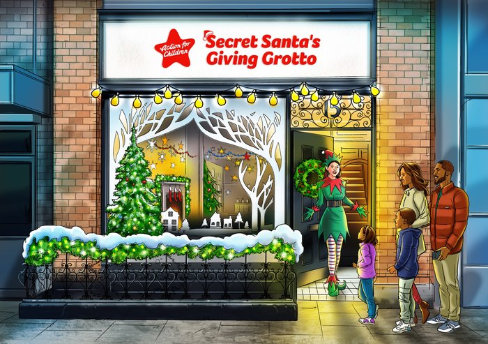 Secret Santa Giving Grotto illustrated image of entrance