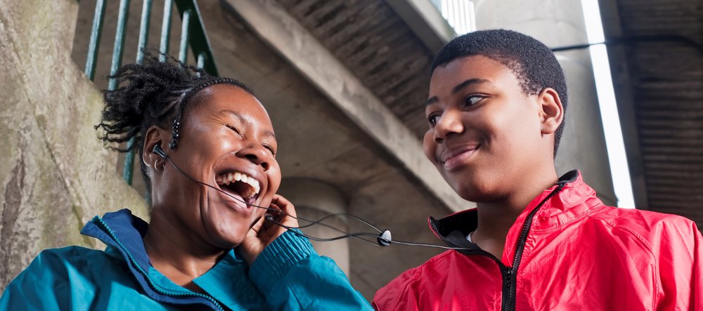 Mother and son on headphones
