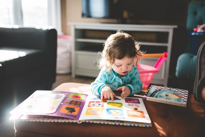 Toddler reading a picture book