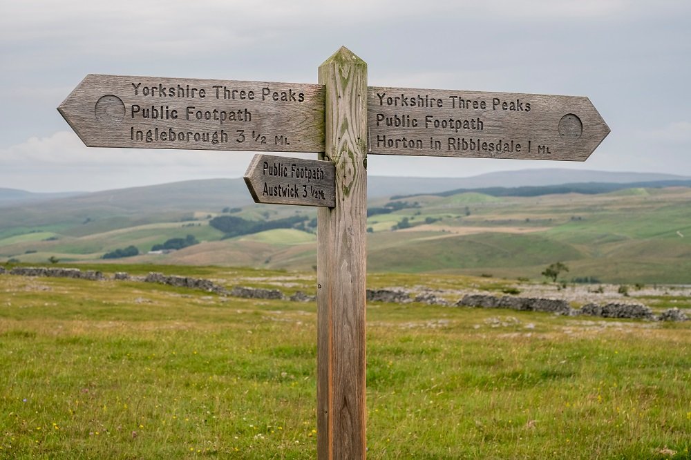 Wooden signpost for the Yorkshire three peaks footpath