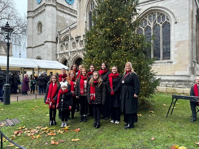 Young Carers Aloud choir outside Westminster Abbey