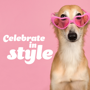 Celebrate in style eCard with dog wearing pink heart sunglasses
