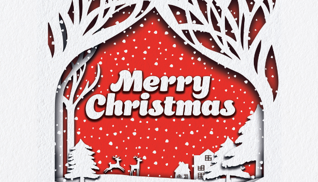 Merry Christmas on red background with snow and trees zoomed out