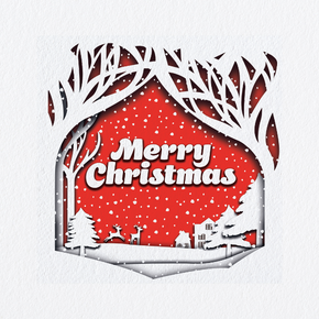 Merry Christmas on red background with snow and trees zoomed out