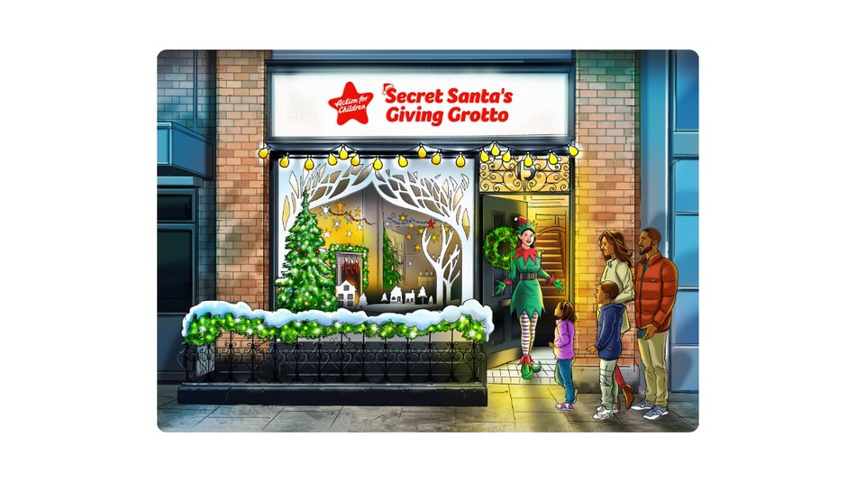 Santa's Giving Grotto illustrated image of entrance with elf in doorway