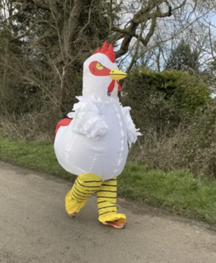 Sebastian in his chicken costume training for the London Marathon for Action for Children