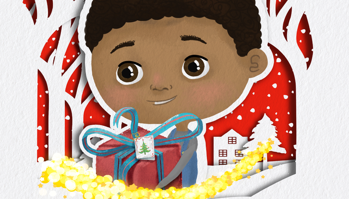 Illustration of Simon - Happy boy with present and a sparkle in front of a snowy scene